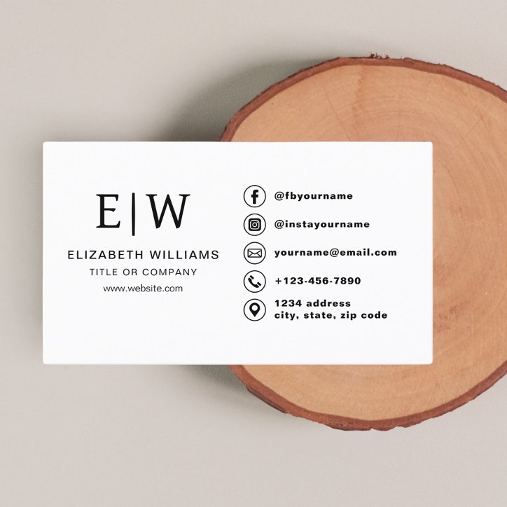 White Monogram Minimalist Social Media Icons Business Card