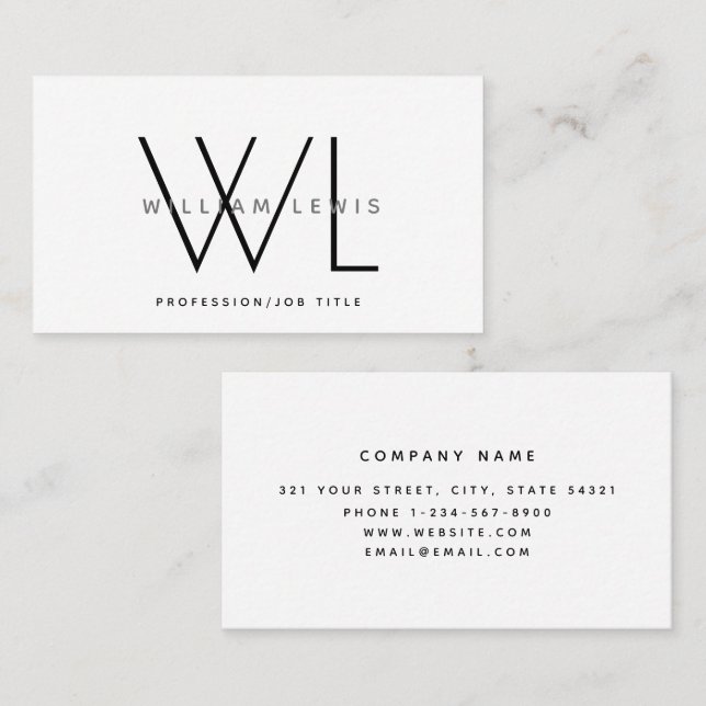 White Monogram Modern Minimalist Business Card (Front/Back)