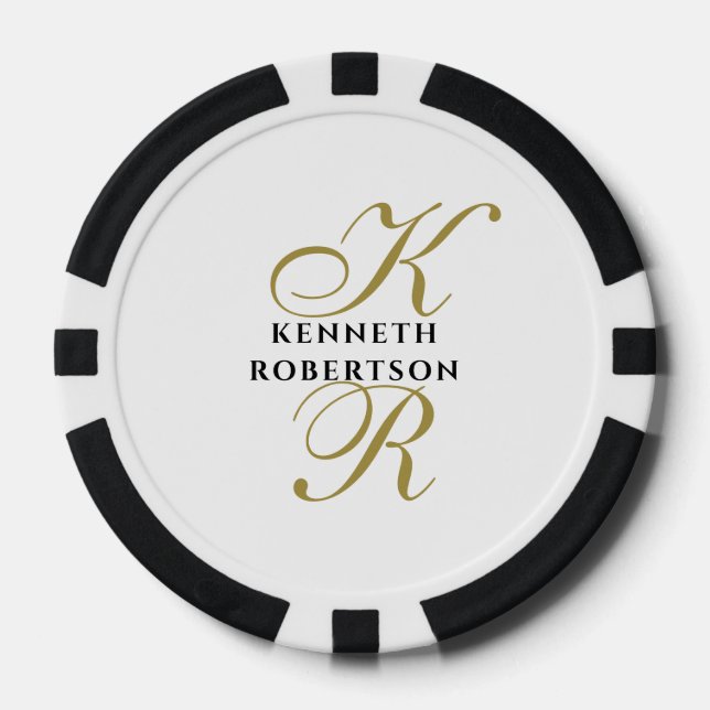 White Monogram Name Black Gold Script Initials Men Poker Chips (Front)