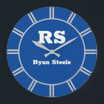 White Monogram & Name, Lt. Grey Lines, Deep Blue Large Clock<br><div class="desc">Personalize bold white monogram and name with light grey radiating lines on deep blue background.</div>