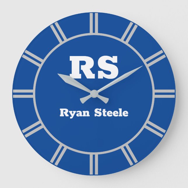 White Monogram & Name, Lt. Grey Lines, Deep Blue Large Clock (Front)
