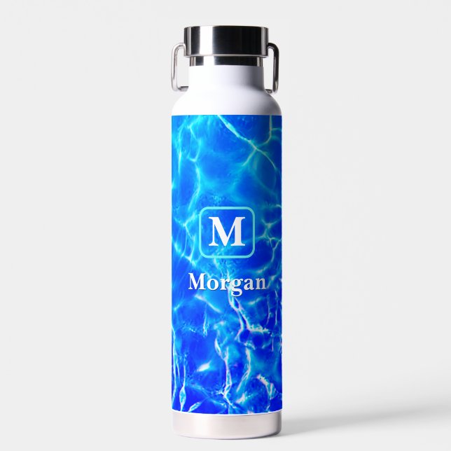 White Monogram & Name, Teal Frame, Blue Pool Water Bottle (Front)