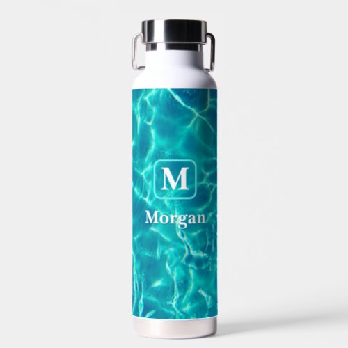 White Monogram  Name Teal Frame Pool Water Water Bottle