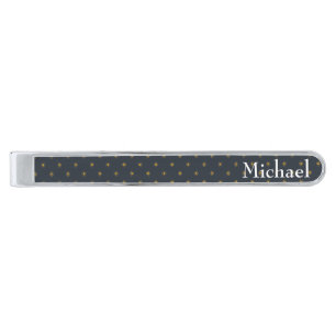 White Monogram Navy Blue Night Sky Stars Pattern Silver Finish Tie Bar