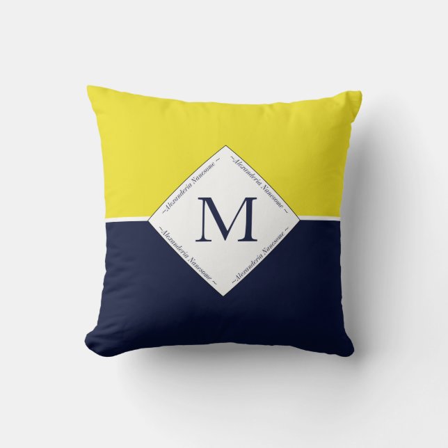 White Monogram Navy Blue  Yellow Nautical Throw Pillow (Front)