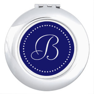 White Monogram on Dark Navy Blue with White Dots Compact Mirror