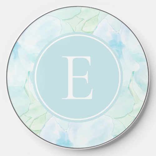White Monogram on Light Teal over Blossoms Wireless Charger