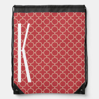 White Monogram on Retro Red Quatrefoil Pattern Drawstring Bag
