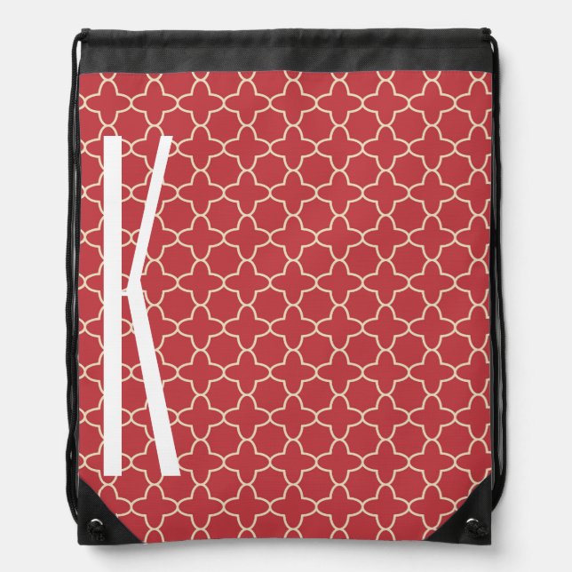 White Monogram on Retro Red Quatrefoil Pattern Drawstring Bag (Front)
