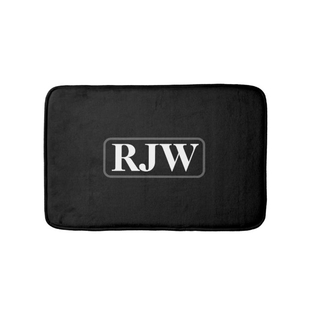 White Monogram or Name Inside Grey Border on Black Bath Mat (Front)