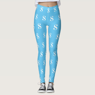 White Monogram Pattern on Light Blue Leggings
