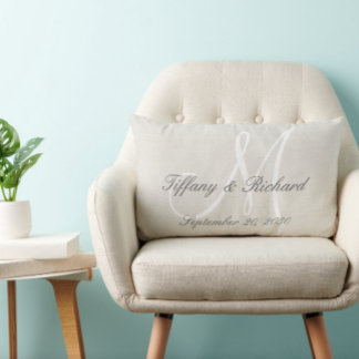White Monogram Rustic Look Linen Wedding Lumbar Pillow