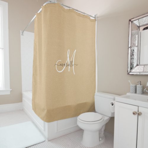 White Monogram Straw Caramel Shower Curtain