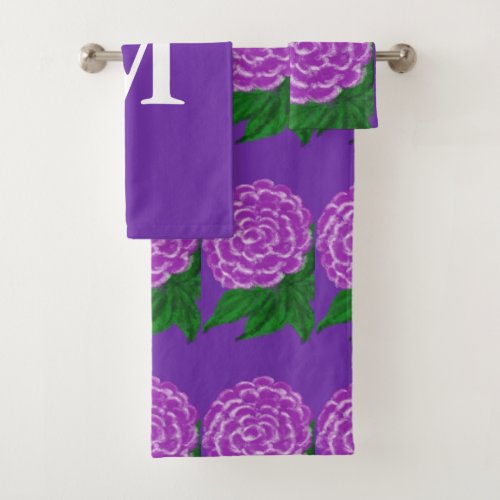 White Monogram Violet Floral Watercolor Bath Towel Set