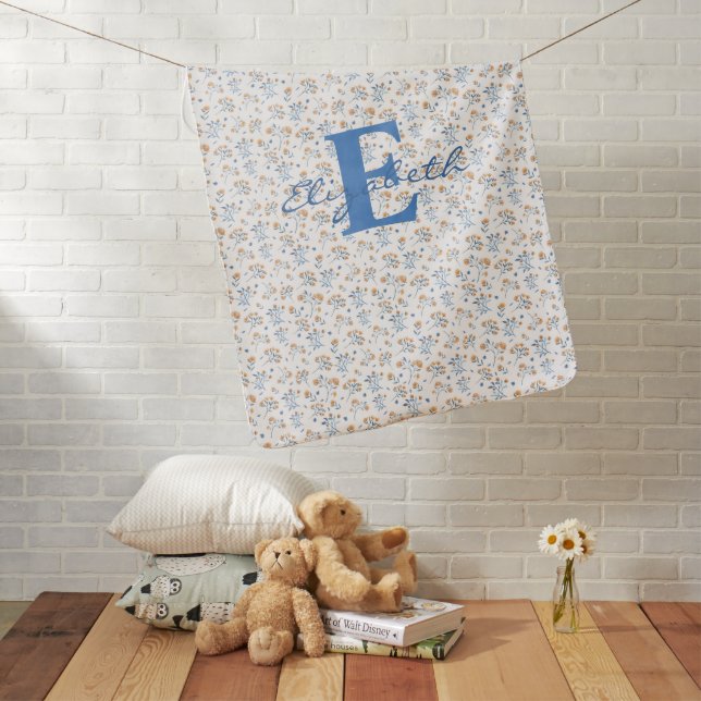 White Monogram Watercolor Wildflower Pattern   Baby Blanket (In Situ)