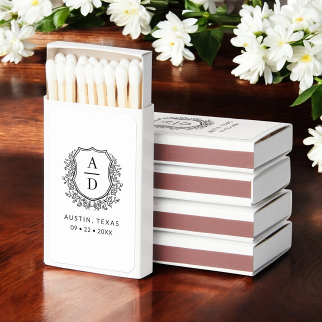 White Monogram Wedding Floral Crest Matchboxes (Creator Uploaded)