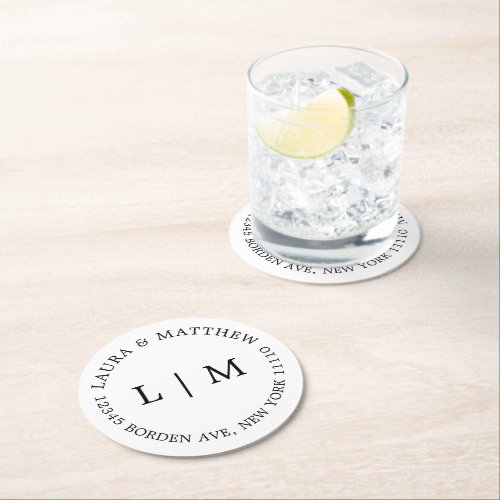 White Monogram Wedding Round Paper Coaster