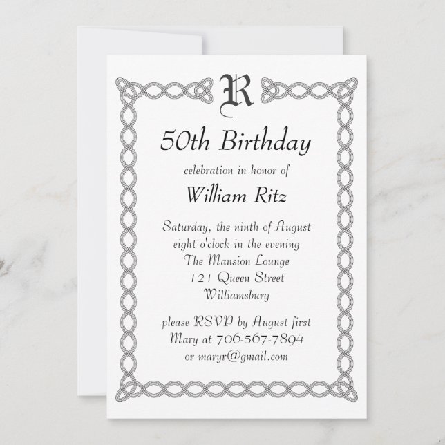 White Monogrammed Birthday Invitation (Front)