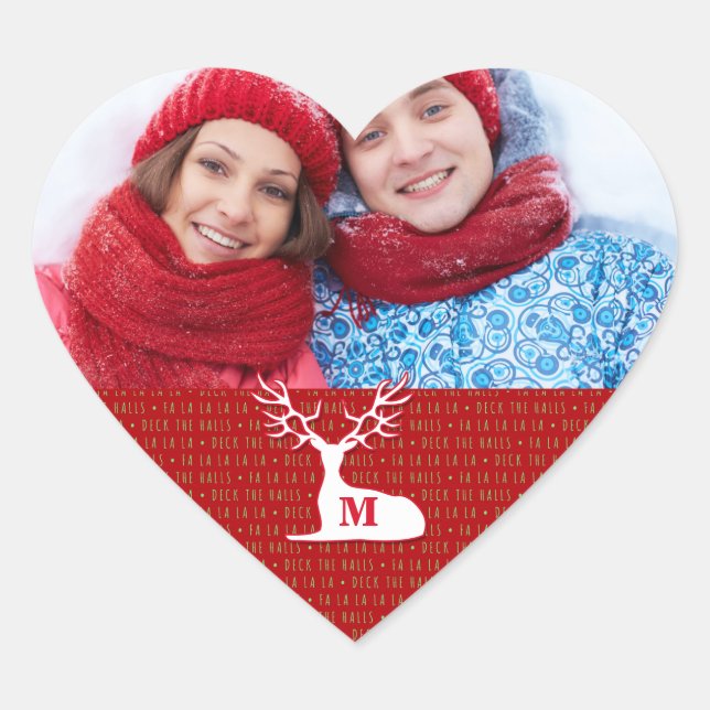 White Monogrammed Reindeer with Photo Heart Sticker (Front)