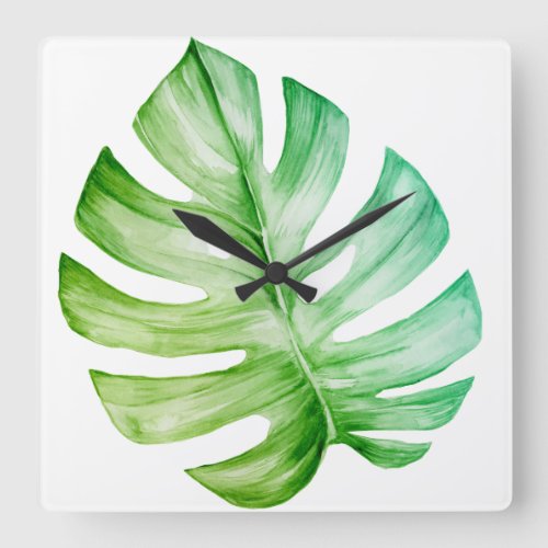 White Monstera Leaf Botanical Tropical Square Wall Clock