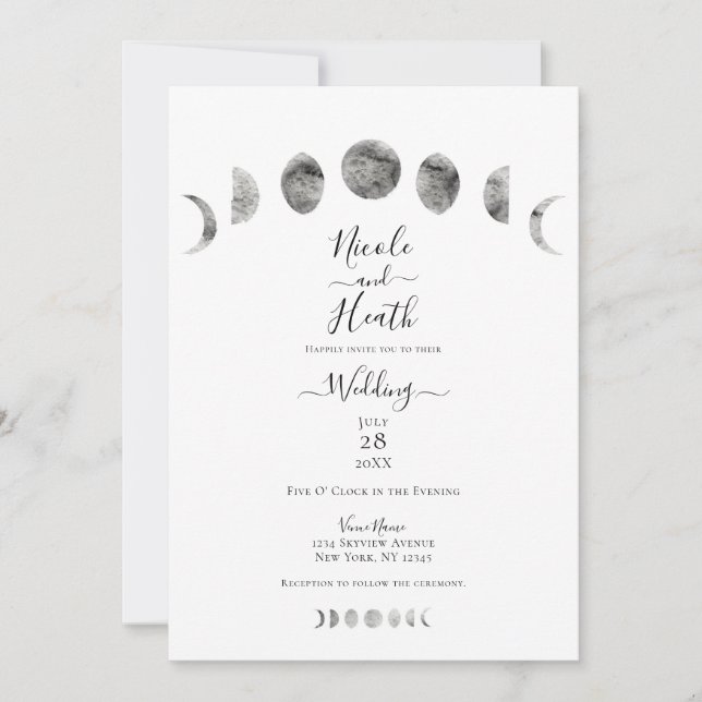 White Moon Phases Watercolor Minimal Wedding Invitation (Front)