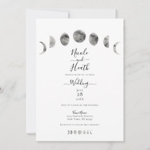 White Moon Phases Watercolor Minimal Wedding Invitation