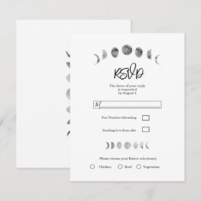 White Moon Phases Watercolor Minimal Wedding RSVP  Invitation (Front/Back)