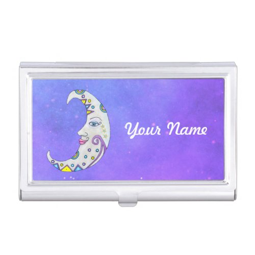 White moon Pretty face Pink Lips Blue Eyes in Sky Business Card Case