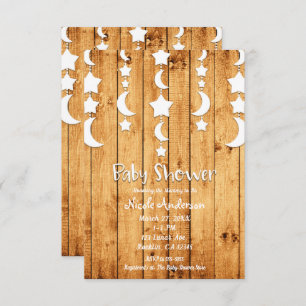 White Moon & Stars Oak Wood Baby Shower Invitation