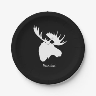 white moose against black background paper plates
