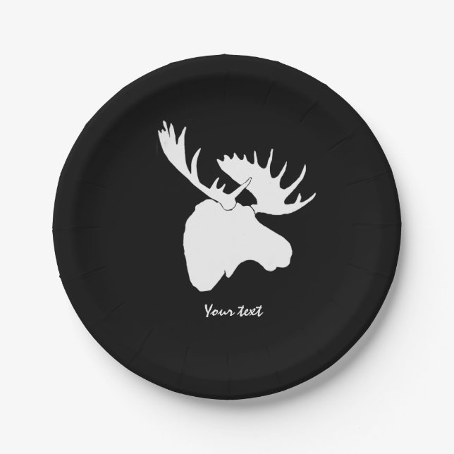 white moose against black background paper plates (Front)
