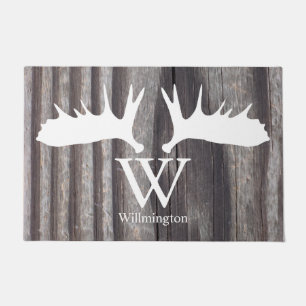 White Moose Antlers Weathered Wood - Personalized Doormat