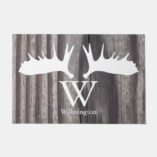 White Moose Antlers Weathered Wood _ Personalized Doormat
