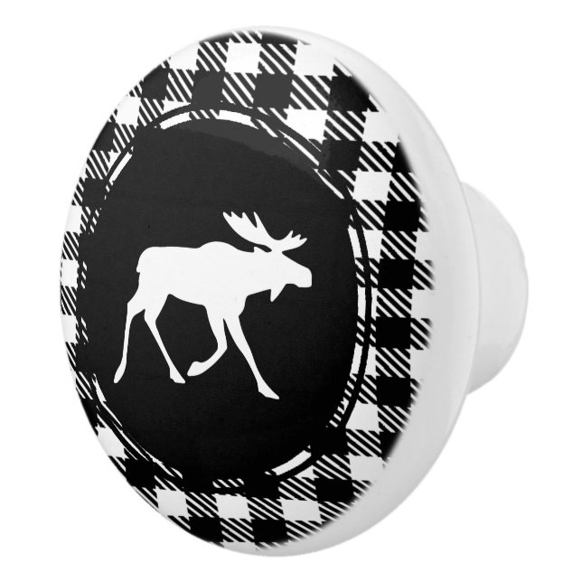 White Moose Black Buffalo Plaid Pattern Ceramic Knob (Right)