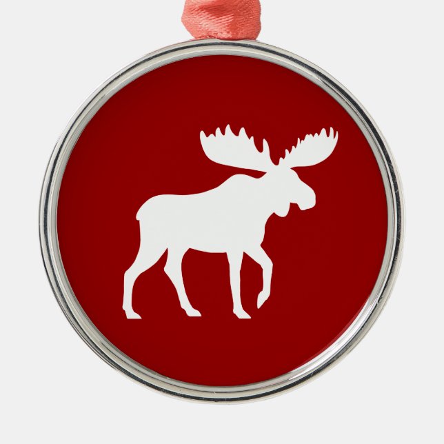 White Moose SIlhouette on Red Christmas Holiday Metal Ornament (Front)