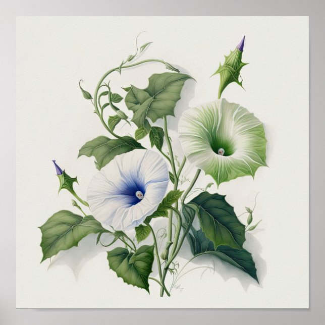 White Morning Glory Flowers Art Print Poster (Front)