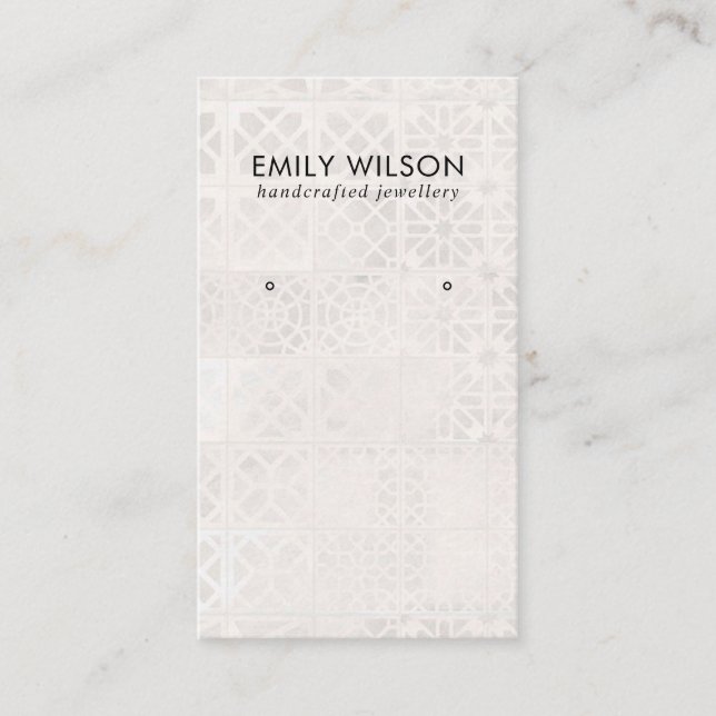 WHITE MOROCCAN TILE TEXTURE STUD EARRING DISPLAY BUSINESS CARD (Front)