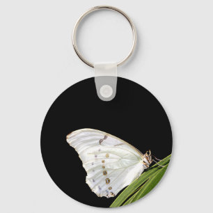 White Morpho butterfly on leaf Keychain