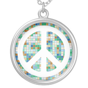 White Mosaic Peace Sign Necklace