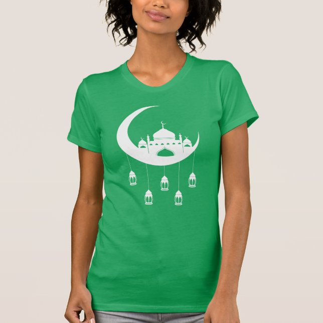 White Mosque in Crescent Moon Fanous Ramadan T-Shirt (Front)