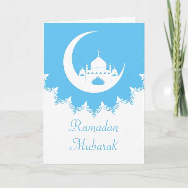 White Mosque in Crescent Moon Ramadan blue Holiday Card (Front)