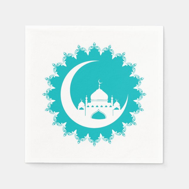 White Mosque in Crescent Moon Ramadan, blue Napkins (Front)