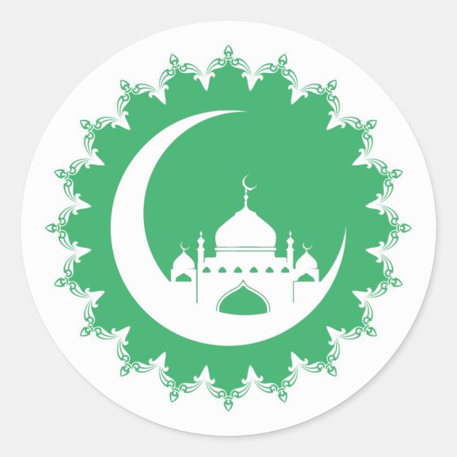 White Mosque in Crescent Moon Ramadan Classic Round Sticker (Front)