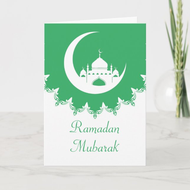 White Mosque in Crescent Moon Ramadan, green Holiday Card (Front)