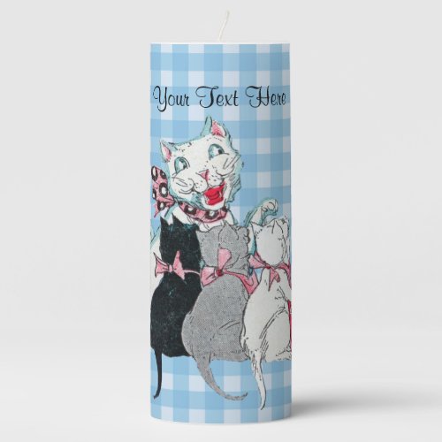 White Mother Cat Big Smile With Three Kittens Pillar Candle