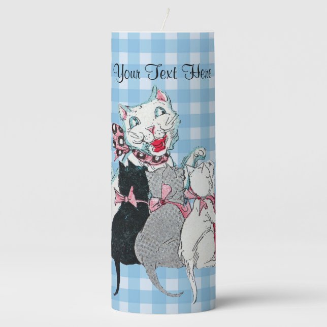 White Mother Cat Big Smile With Three Kittens Pillar Candle (Front)