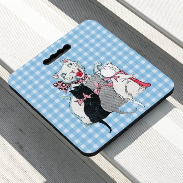 White Mother Cat Smiling at Her Three Cute Kittens Seat Cushion (In Situ)