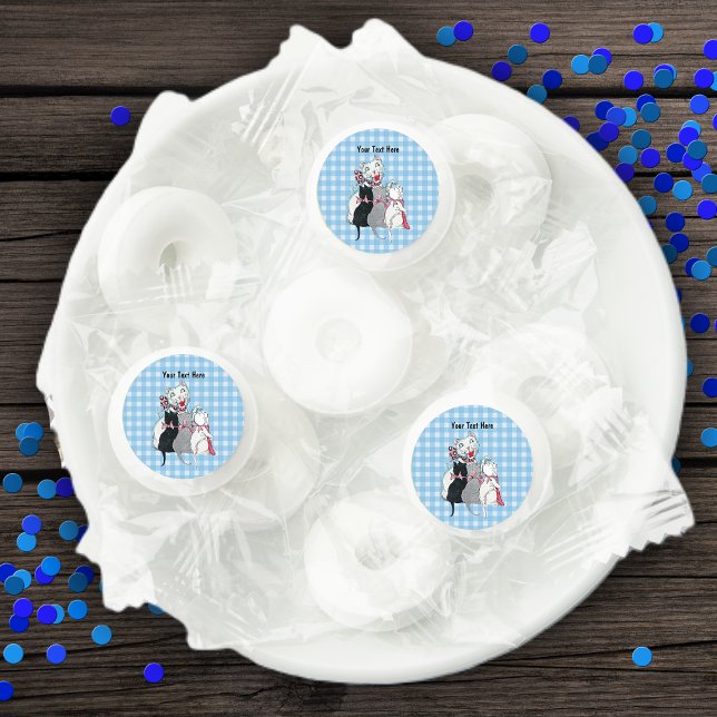 White Mother Cat Three Cute Kittens on Plaid Life Saver® Mints (White mother cat, cute three kittens in pink bows on blue white plaid stickers for candy favours.)