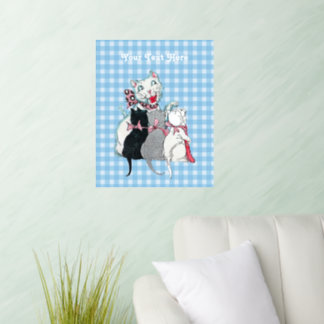White Mother Cat Three Kittens Blue White Plaid Wall Decal