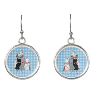 White Mother Cat Three Kittens Bows on Plaid Earrings